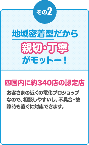 その2. 安心して 任せられる！ 四電エナジーサービス認定だからまかせて安心！ | 四国電力グループ 四電エナジーサービスが認定した パートナーショップです。四電エナジーサービス（株）の審査を通過したお店を「でんのすけショップ」として認定します。 | 取り扱いメーカーの一覧 よんでんグループ四変テック株式会社、CORONA、DAIKIN、Panasonic、HITACHI、MITSUBISHI ELECTRIC